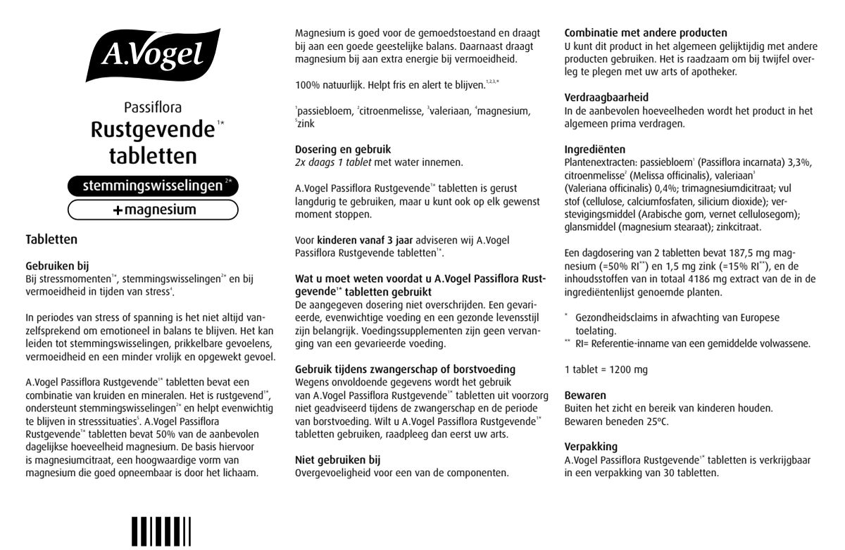 Passiflora Rustgevende* Tabletten afbeelding van document #1, instructions