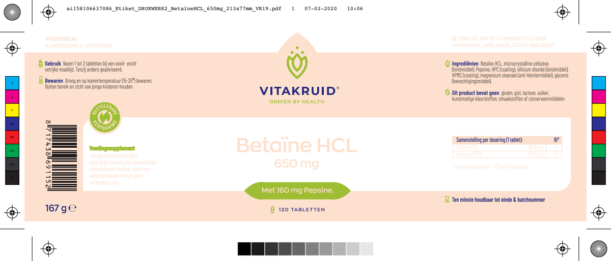 Betaïne HCL 650 mg Tabletten afbeelding van document #1, label