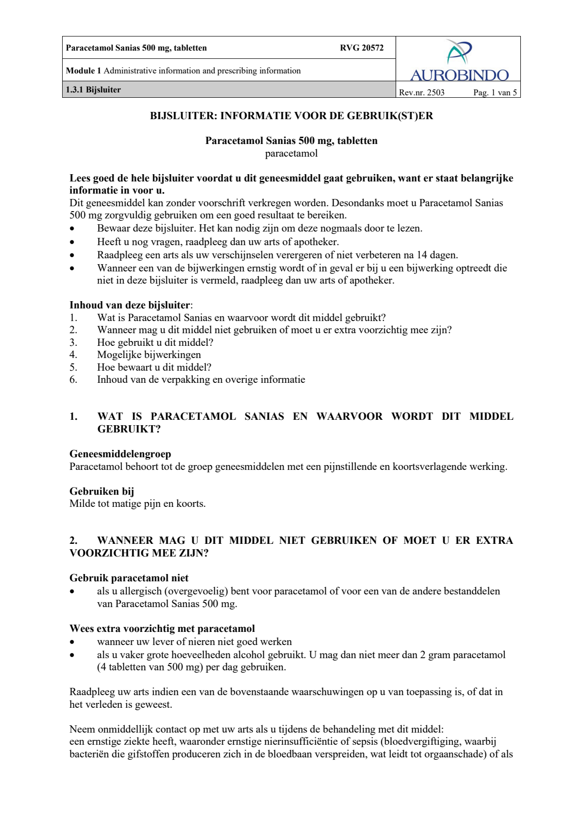 Paracetamol 500mg Tabletten afbeelding van document #1, leaflet