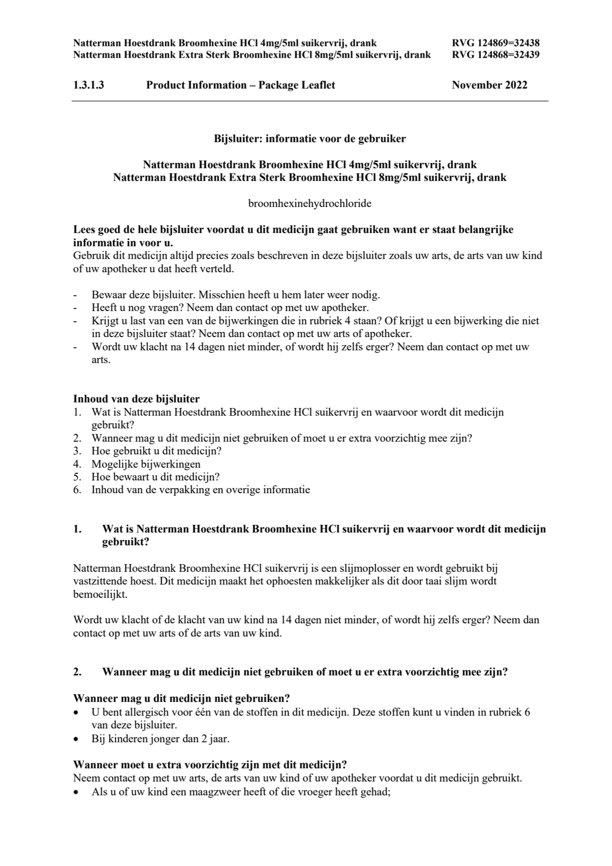 Hoestdrank Broomhexine HCI 4mg/5ml suikervrij afbeelding van document #1, leaflet