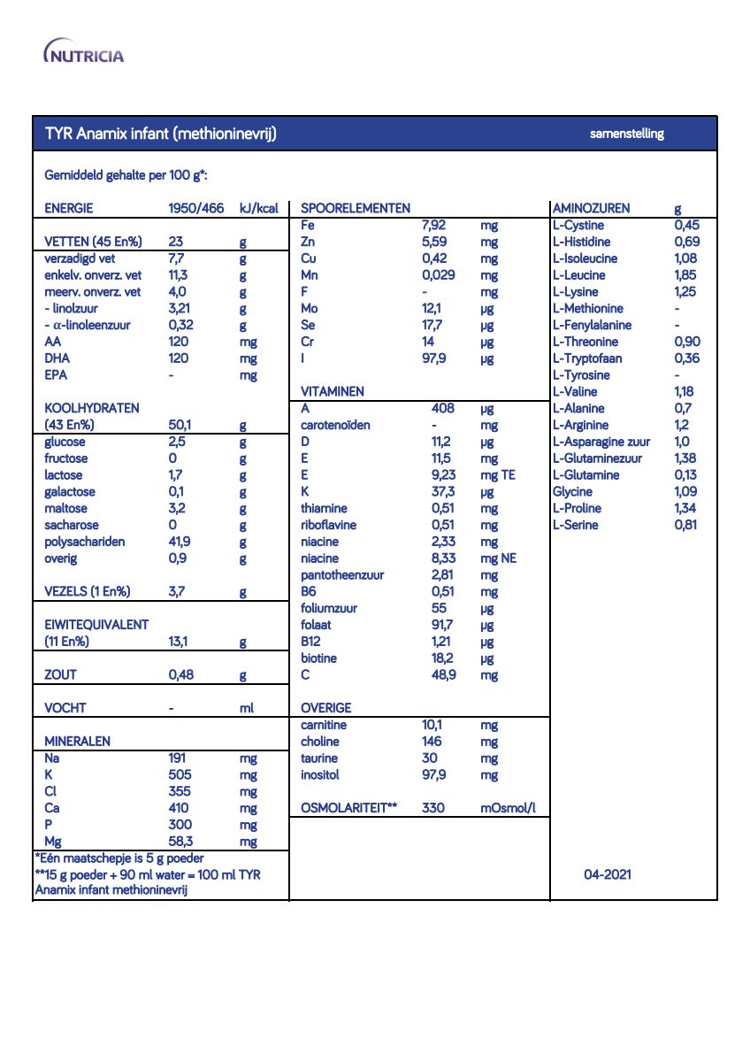 Anamix Infant TYR Methioninevrij afbeelding van document #1, info_folder