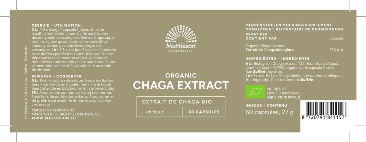 Mattisson Biologisch Chaga Extract Capsules afbeelding van document #1, label