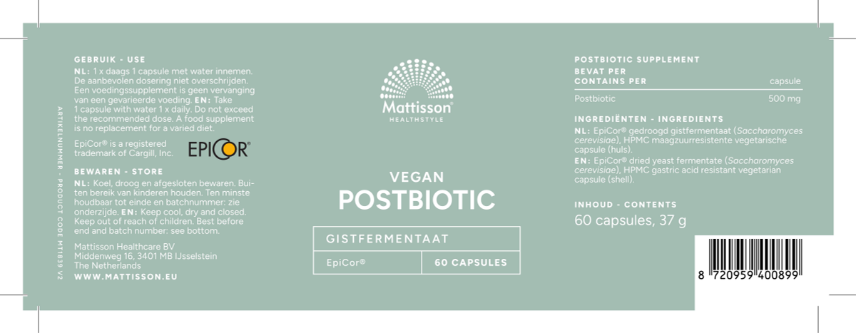 Vegan Postbiotic Gistfermentaat Capsules afbeelding van document #1, label