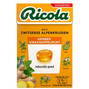 Ricola Gember Sinaasappelmunt Suikervrij Doosje 50GR Ricola Gember Sinaasappelmunt Suikervrij Doosje 50GR