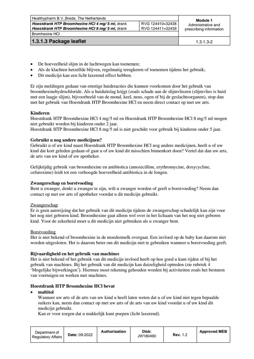 Hoestdrank Broomhexine HCI 8mg/5ml afbeelding van document #2, leaflet