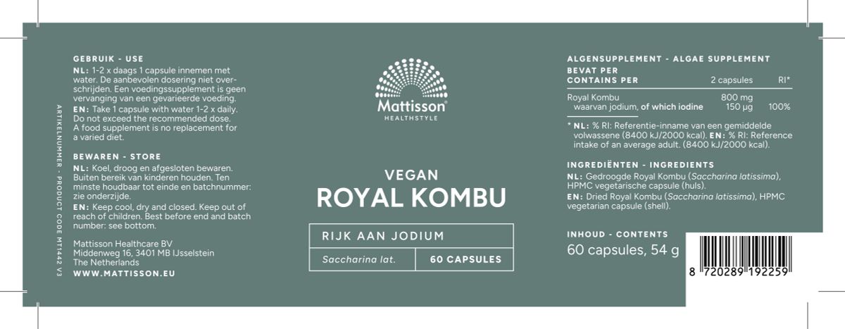 Vegan Royal Kombu 800mg Capsules afbeelding van document #1, label